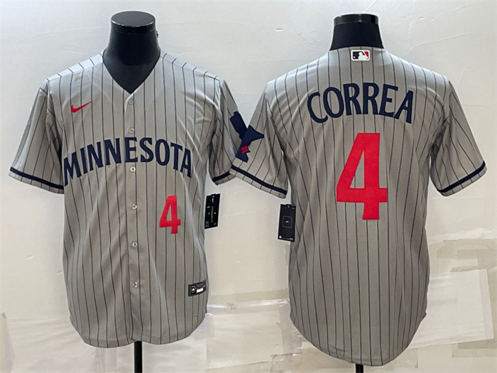 Men's Minnesota Twins #4 Carlos Correa 2023 Grey Home Team Cool Base Stitched JerseyS Men's Minnesota Twins #4 Carlos Correa 2023 Grey Home Team Cool Base Stitched JerseyS