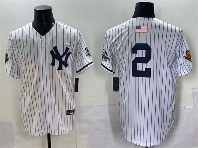 Men's New York Yankees #2 Derek Jeter White Strip World Series Limited Stitched Baseball Jersey Men's New York Yankees #2 Derek Jeter White Strip World Series Limited Stitched Baseball Jersey