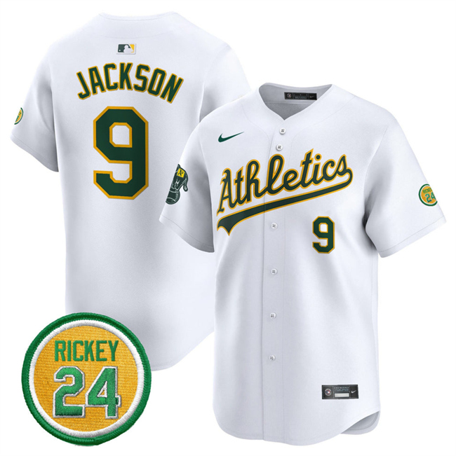 Men's Oakland Athletics #9 Reggie Jackson White 2024 Home Limited With Rickey Henderson Patch Stitched Jersey Men's Oakland Athletics #9 Reggie Jackson White 2024 Home Limited With Rickey Henderson Patch Stitched Jersey