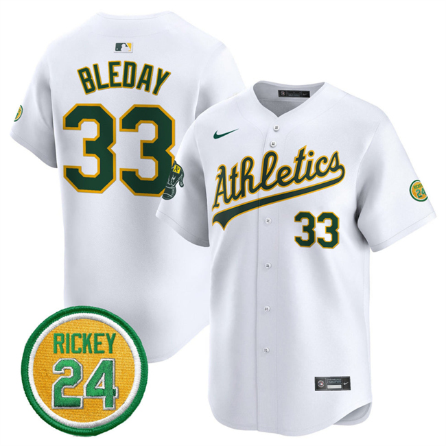 Men's Oakland Athletics #33 JJ Bleday White 2024 Home Limited With Rickey Henderson Patch Stitched Jersey Men's Oakland Athletics #33 JJ Bleday White 2024 Home Limited With Rickey Henderson Patch Stitched Jersey