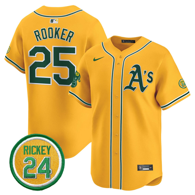 Men's Oakland Athletics #25 Brent Rooker Yellow 2024 Limited With Rickey Henderson Patch Stitched Jersey Men's Oakland Athletics #25 Brent Rooker Yellow 2024 Limited With Rickey Henderson Patch Stitched Jersey