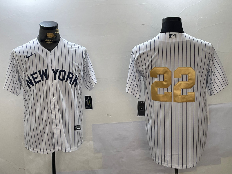 Men's New York Yankees #22 Juan Soto White Pinstripe Without Name Fashion Cool Base Jersey 1 Men's New York Yankees #22 Juan Soto White Pinstripe Without Name Fashion Cool Base Jersey 1