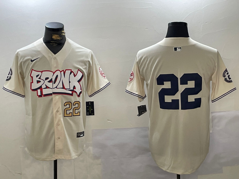 Men's New York Yankees #22 Juan Soto Cream Bronx Graffiti V2 Vapor Limited Stitched Baseball Jersey 1 Men's New York Yankees #22 Juan Soto Cream Bronx Graffiti V2 Vapor Limited Stitched Baseball Jersey 1