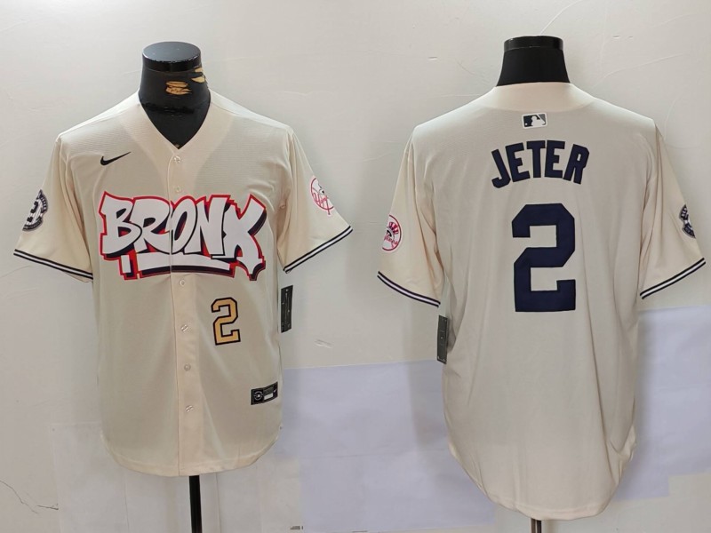 Men's New York Yankees #2 Derek Jeter Cream The Bronx Graffiti V2 Vapor Limited Stitched Baseball Jersey 3 Men's New York Yankees #2 Derek Jeter Cream The Bronx Graffiti V2 Vapor Limited Stitched Baseball Jersey 3