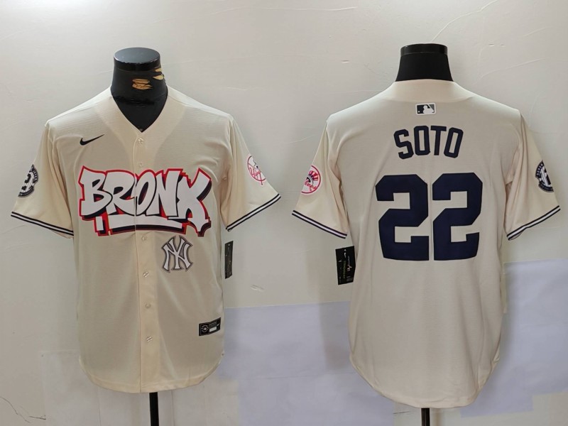Men's New York Yankees #22 Juan Soto Cream The Bronx Graffiti V2 Vapor Limited Stitched Baseball Jersey 3 Men's New York Yankees #22 Juan Soto Cream The Bronx Graffiti V2 Vapor Limited Stitched Baseball Jersey 3