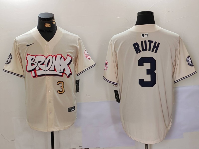 Men's New York Yankees #3 Babe Ruth Cream The Bronx Graffiti V2 Vapor Limited Stitched Baseball Jersey 2 Men's New York Yankees #3 Babe Ruth Cream The Bronx Graffiti V2 Vapor Limited Stitched Baseball Jersey 2