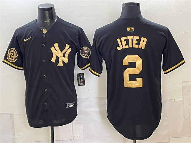Men's New York Yankees #2 Derek Jeter Black Gold With Patch Stitched Baseball Jersey Men's New York Yankees #2 Derek Jeter Black Gold With Patch Stitched Baseball Jersey