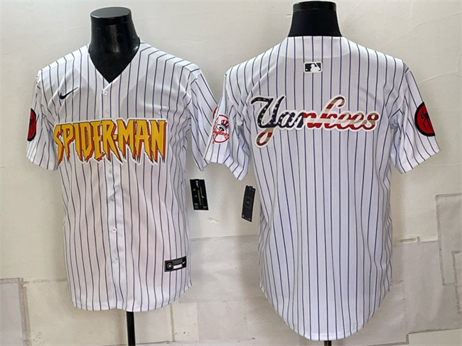 Men's New York Yankees X Spider-Man Team Big Logo White Limited Stitched Baseball Jersey 001 Men's New York Yankees X Spider-Man Team Big Logo White Limited Stitched Baseball Jersey 001