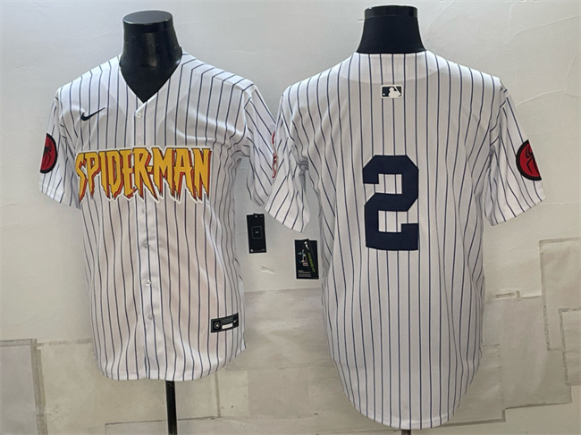 Men's New York Yankees X Spider-Man #2 Derek Jeter White Limited Stitched Baseball Jersey