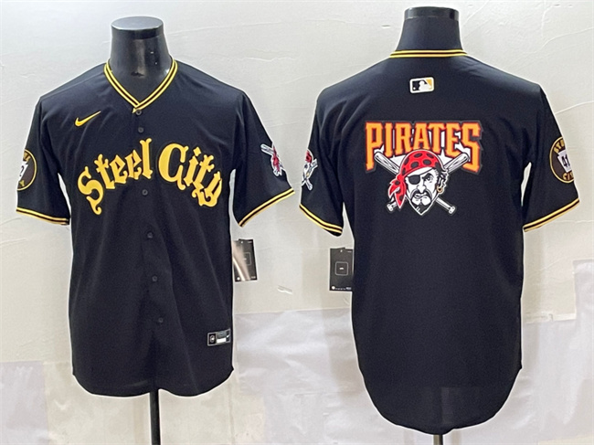 Men's Pittsburgh Pirates Team Big Logo Black 412 Patch Vapor Premier Limited Stitched Baseball Jersey Men's Pittsburgh Pirates Team Big Logo Black 412 Patch Vapor Premier Limited Stitched Baseball Jersey