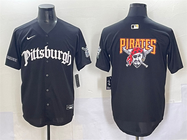 Men's Pittsburgh Pirates Team Big Logo Black 'Gothic Steel City Edition' Vapor Limited Stitched Baseball Jersey Men's Pittsburgh Pirates Team Big Logo Black 'Gothic Steel City Edition' Vapor Limited Stitched Baseball Jersey