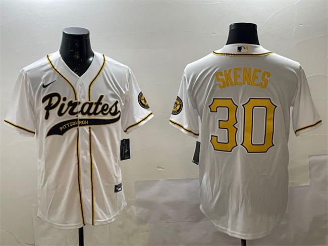 Men's Pittsburgh Pirates #30 Paul Skenes White Cool Base Stitched Baseball Jersey Men's Pittsburgh Pirates #30 Paul Skenes White Cool Base Stitched Baseball Jersey