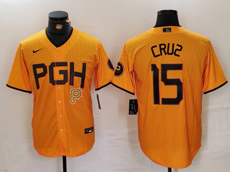 Men's Pittsburgh Pirates #15 Oneil Cruz Gold City Connect Stitched Jersey 3 Men's Pittsburgh Pirates #15 Oneil Cruz Gold City Connect Stitched Jersey 3