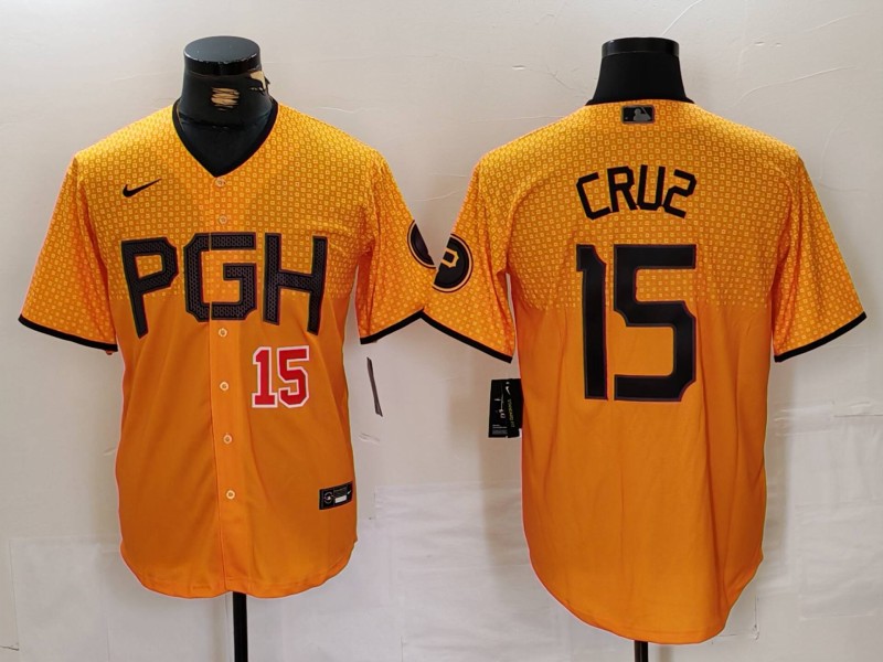Men's Pittsburgh Pirates #15 Oneil Cruz Gold City Connect Stitched Jersey 2 Men's Pittsburgh Pirates #15 Oneil Cruz Gold City Connect Stitched Jersey 2