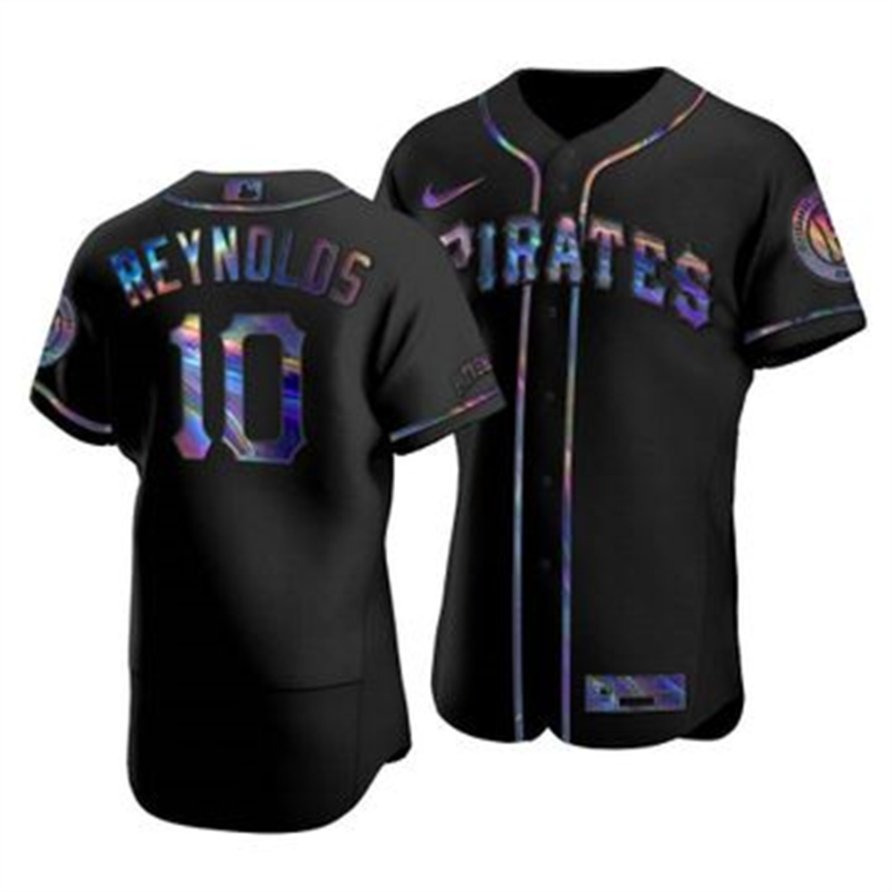 Pittsburgh Pirates #10 Bryan Reynolds Men's Nike Iridescent Holographic Collection MLB Jersey - Black Pittsburgh Pirates #10 Bryan Reynolds Men's Nike Iridescent Holographic Collection MLB Jersey - Black