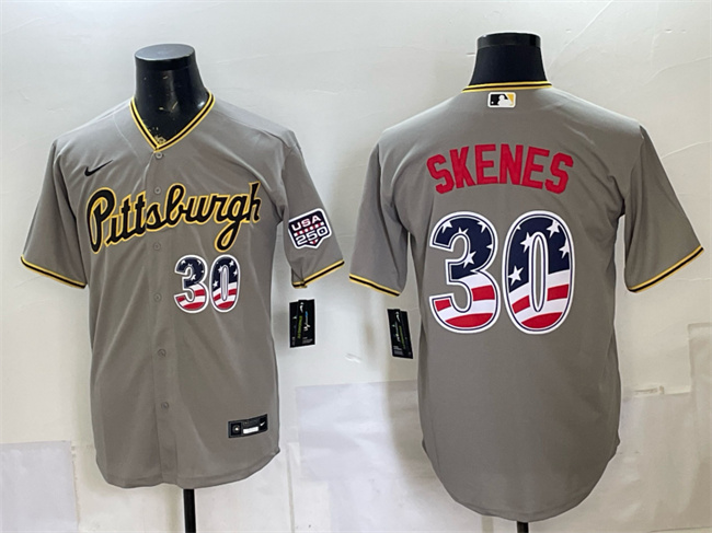 Men's Pittsburgh Pirates #30 Paul Skenes Grey USA 250 Fourth of July Stitched Baseball Jersey