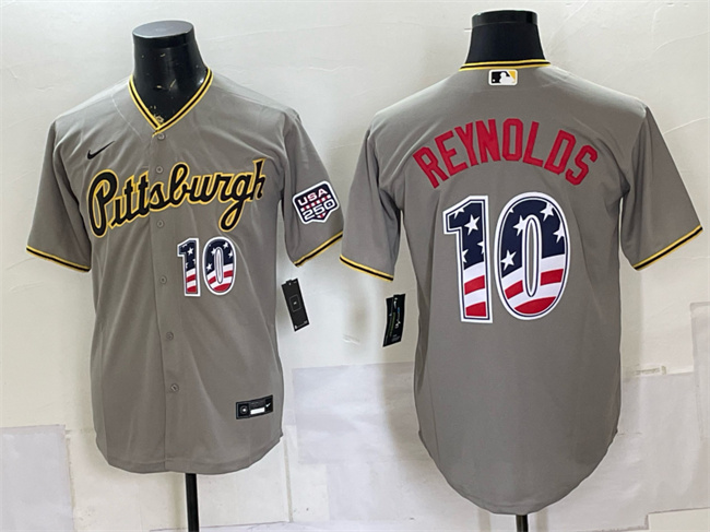 Men's Pittsburgh Pirates #10 Bryan Reynolds Grey USA 250 Fourth of July Stitched Baseball Jersey Men's Pittsburgh Pirates #10 Bryan Reynolds Grey USA 250 Fourth of July Stitched Baseball Jersey