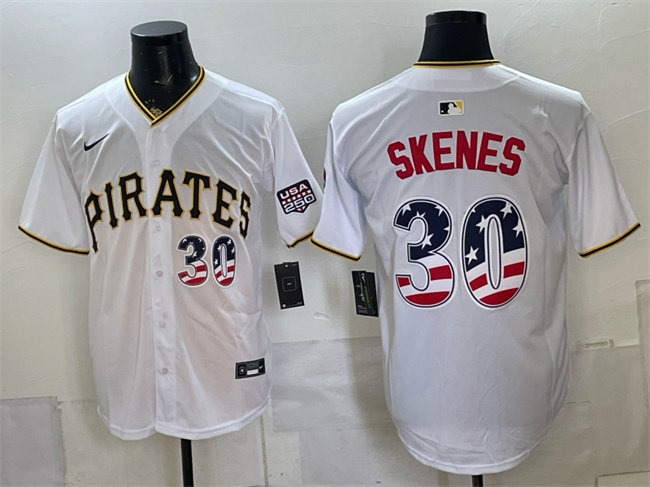 Men's Pittsburgh Pirates #30 Paul Skenes White USA 250 Fourth of July Stitched Baseball Jersey Men's Pittsburgh Pirates #30 Paul Skenes White USA 250 Fourth of July Stitched Baseball Jersey