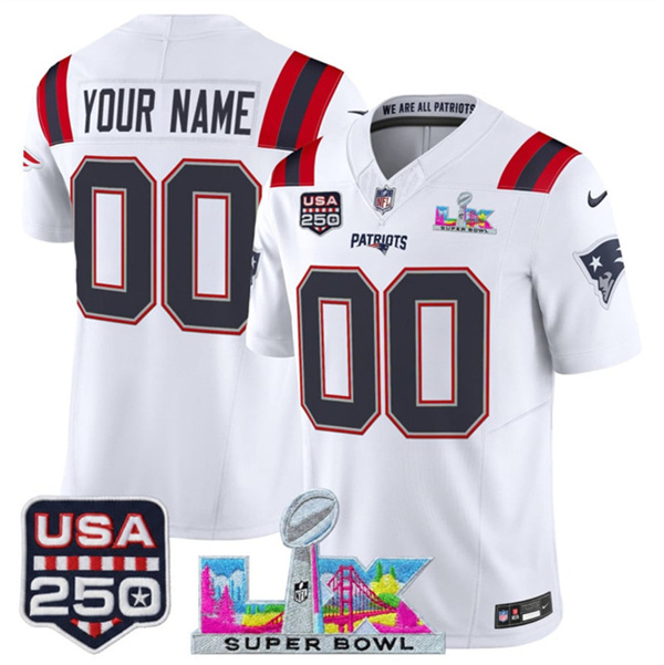 Youth New England Patriots Active Player Custom White 2025 F.U.S.E. Super Bowl LX & USA 250' Patch Vapor Limited Stitched Football Jersey Youth New England Patriots Active Player Custom White 2025 F.U.S.E. Super Bowl LX & USA 250' Patch Vapor Limited Stitched Football Jersey