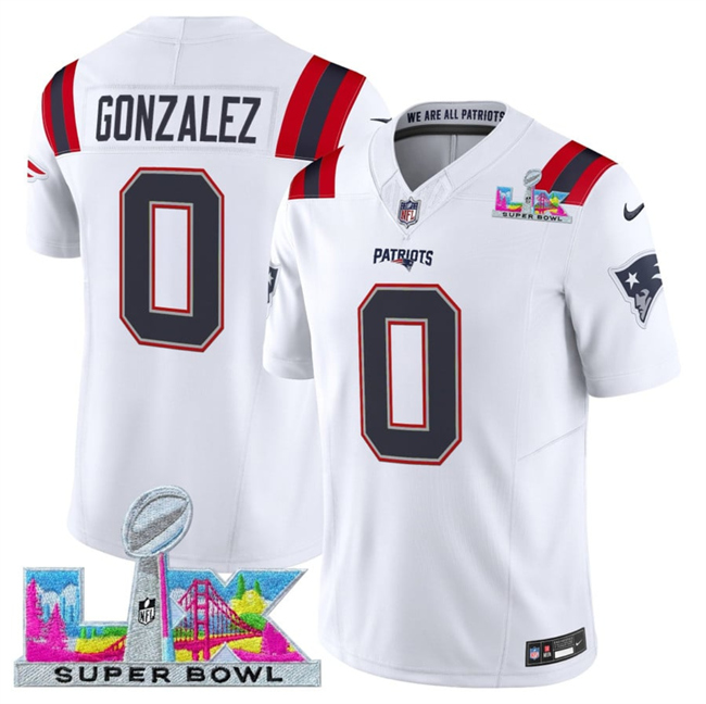 Men's New England Patriots #0 Christian Gonzalez White 2025 F.U.S.E. Super Bowl LX Patch Vapor Limited Stitched Football Jersey