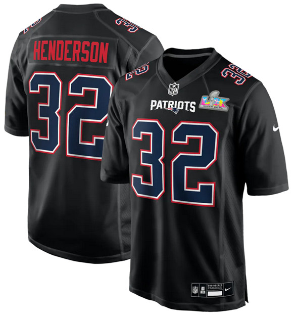 Men's New England Patriots #32 TreVeyon Henderson Black 2025 Super Bowl LX Patch Carbon Fashion Stitched Game Jersey Men's New England Patriots #32 TreVeyon Henderson Black 2025 Super Bowl LX Patch Carbon Fashion Stitched Game Jersey