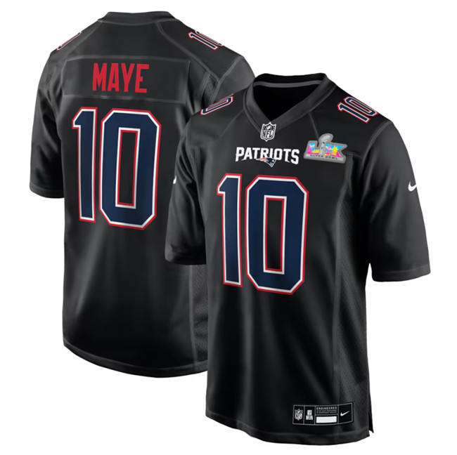 Men's New England Patriots #10 Drake Maye Black 2025 Super Bowl LX Patch Carbon Fashion Stitched Game Jersey Men's New England Patriots #10 Drake Maye Black 2025 Super Bowl LX Patch Carbon Fashion Stitched Game Jersey