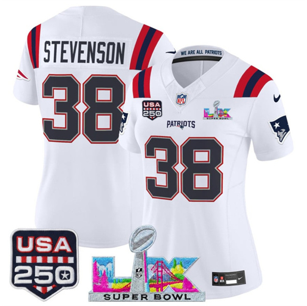 Women's New England Patriots #38 Rhamondre Stevenson White 2025 F.U.S.E. Super Bowl LX Patch And USA 250' Patch Vapor Limited Football Stitched Jersey(Run Small)