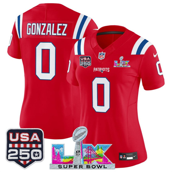 Women's New England Patriots #0 Christian Gonzalez Red 2025 F.U.S.E. Super Bowl LX Patch And USA 250' Patch Vapor Limited Football Stitched Jersey(Run Small) Women's New England Patriots #0 Christian Gonzalez Red 2025 F.U.S.E. Super Bowl LX Patch And USA 250' Patch Vapor Limited Football Stitched Jersey(Run Small)