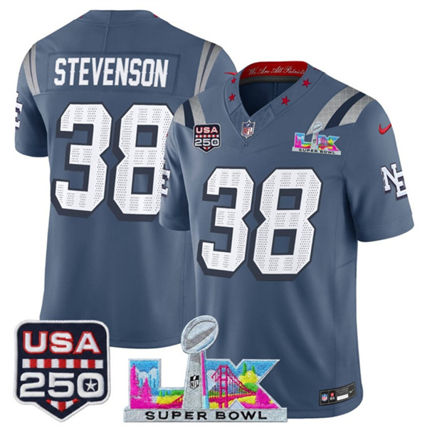 Youth New England Patriots #38 Rhamondre Stevenson Storm Blue 2025 F.U.S.E. Super Bowl LX & USA 250' Patch “Rivalries” Vapor Limited Stitched Football Jersey
