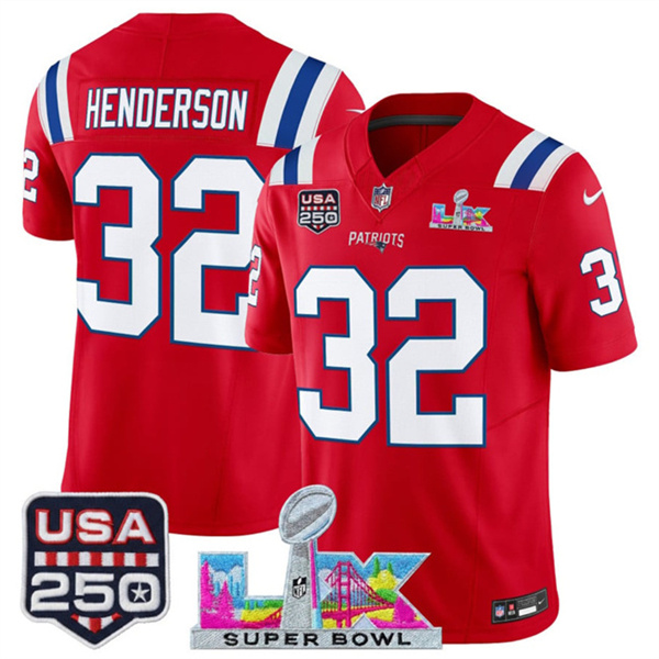 Youth New England Patriots #32 TreVeyon Henderson Red 2025 F.U.S.E. Super Bowl LX & USA 250' Patch Vapor Limited Stitched Football Jersey