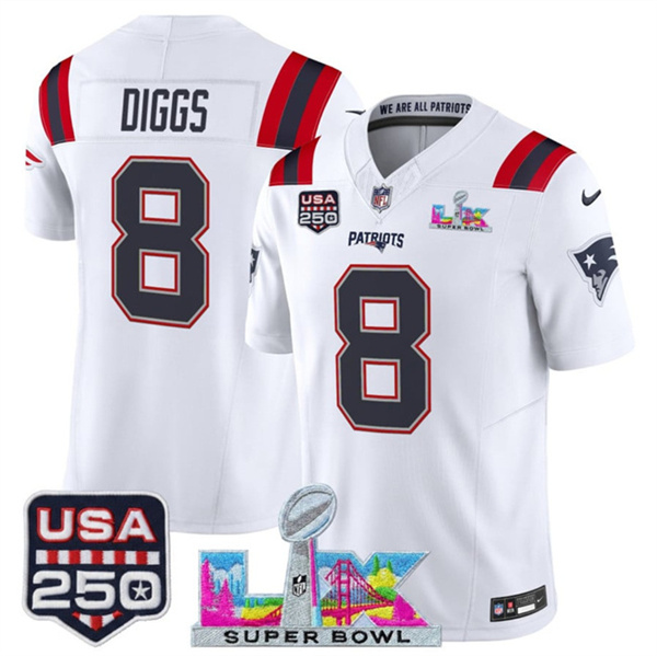 Youth New England Patriots #8 Stefon Diggs White 2025 F.U.S.E. Super Bowl LX & USA 250' Patch Vapor Limited Stitched Football Jersey