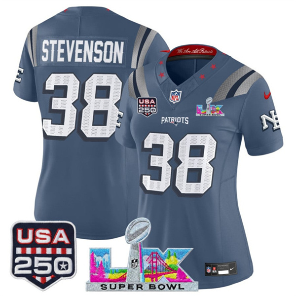 Women's New England Patriots #38 Rhamondre Stevenson Storm Blue 2025 F.U.S.E. Super Bowl LX & USA 250' Patch “Rivalries” Vapor Limited Football Stitched Jersey(Run Small) Women's New England Patriots #38 Rhamondre Stevenson Storm Blue 2025 F.U.S.E. Super Bowl LX & USA 250' Patch “Rivalries” Vapor Limited Football Stitched Jersey(Run Small)
