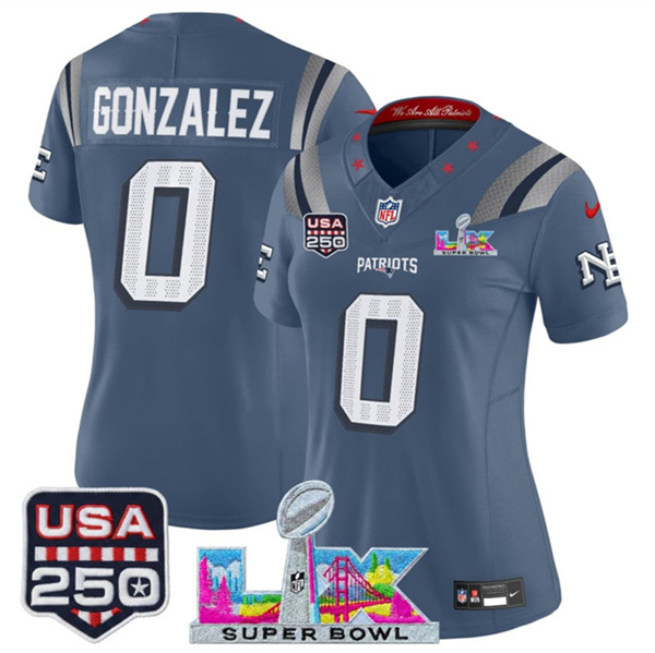 Women's New England Patriots #0 Christian Gonzalez Storm Blue 2025 F.U.S.E. Super Bowl LX & USA 250' Patch “Rivalries” Vapor Limited Football Stitched Jersey(Run Small)