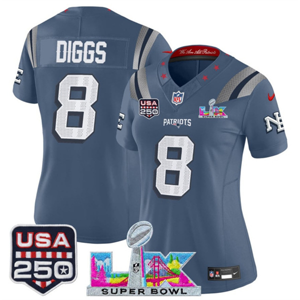 Women's New England Patriots #8 Stefon Diggs Storm Blue 2025 F.U.S.E. Super Bowl LX & USA 250' Patch “Rivalries” Vapor Limited Football Stitched Jersey(Run Small) Women's New England Patriots #8 Stefon Diggs Storm Blue 2025 F.U.S.E. Super Bowl LX & USA 250' Patch “Rivalries” Vapor Limited Football Stitched Jersey(Run Small)