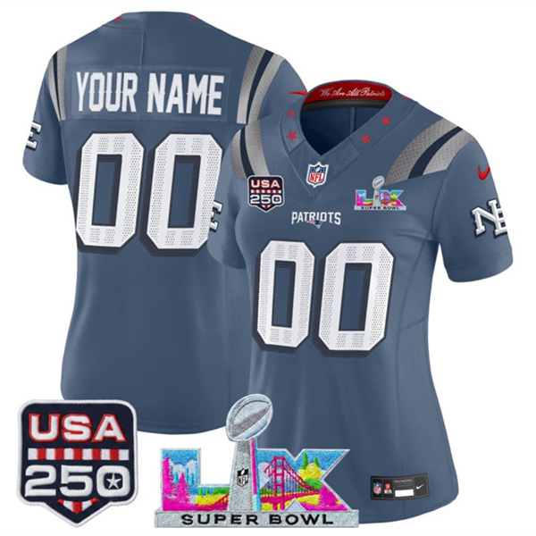 Women's New England Patriots Active Player Custom Storm Blue 2025 F.U.S.E. Super Bowl LX & USA 250' Patch “Rivalries” Vapor Limited Football Stitched Jersey(Run Small)