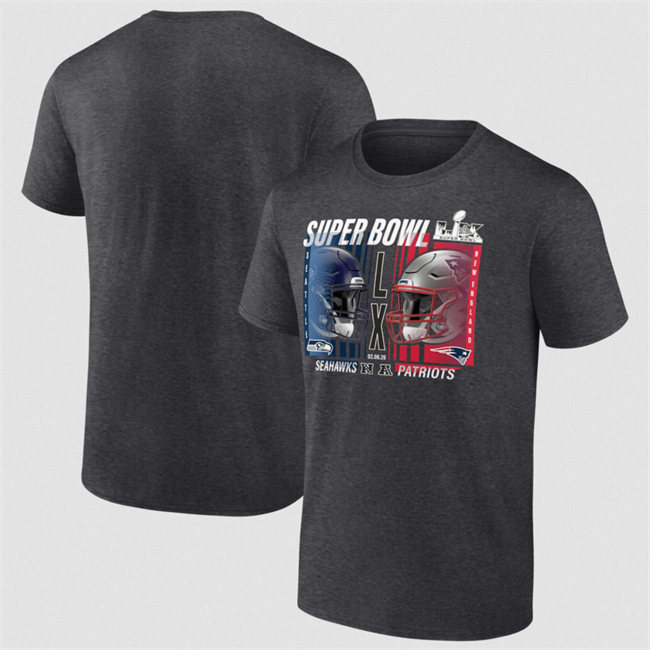 Men's New England Patriots vs. Seattle Seahawks Charcoal 2025 Super Bowl LX Matchup Final Battle T-Shirt Men's New England Patriots vs. Seattle Seahawks Charcoal 2025 Super Bowl LX Matchup Final Battle T-Shirt