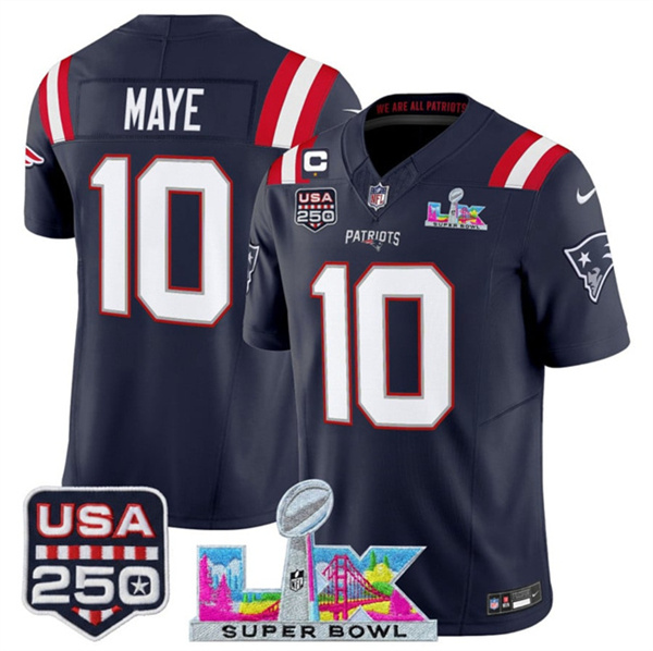 Men's New England Patriots #10 Drake Maye Navy 2025 F.U.S.E. 1-Star C Patch And Super Bowl LX Patch & USA 250' Patch Vapor Limited Football Stitched Jersey