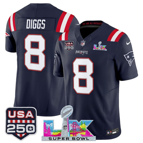 Men's New England Patriots #8 Stefon Diggs Navy 2025 F.U.S.E. Super Bowl LX Patch And USA 250' Patch Vapor Limited Football Stitched Jersey Men's New England Patriots #8 Stefon Diggs Navy 2025 F.U.S.E. Super Bowl LX Patch And USA 250' Patch Vapor Limited Football Stitched Jersey