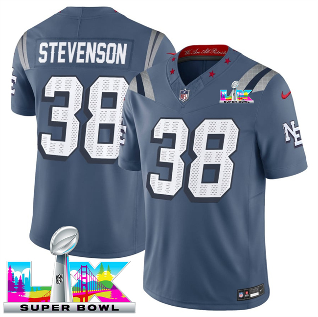 Men's New England Patriots #38 Rhamondre Stevenson Storm Blue 2025 F.U.S.E. Super Bowl LX Patch “Rivalries” Vapor Limited Stitched Football Jersey