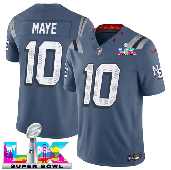 Men's New England Patriots #10 Drake Maye Storm Blue 2025 F.U.S.E. Super Bowl LX Patch “Rivalries” Vapor Limited Stitched Football Jersey Men's New England Patriots #10 Drake Maye Storm Blue 2025 F.U.S.E. Super Bowl LX Patch “Rivalries” Vapor Limited Stitched Football Jersey