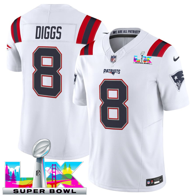Men's New England Patriots #8 Stefon Diggs White 2025 F.U.S.E. Super Bowl LX Patch Vapor Limited Stitched Football Jersey Men's New England Patriots #8 Stefon Diggs White 2025 F.U.S.E. Super Bowl LX Patch Vapor Limited Stitched Football Jersey