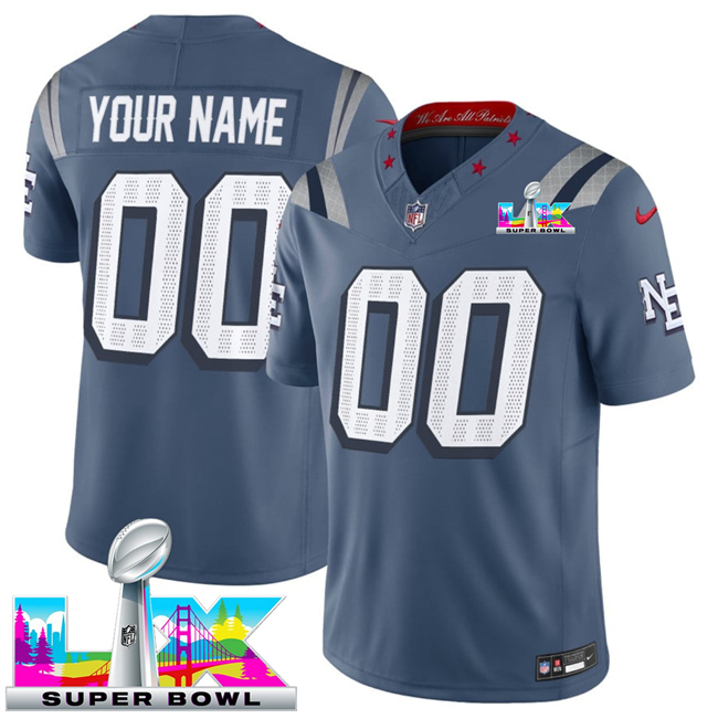 Men's New England Patriots Active Player Custom Storm Blue 2025 F.U.S.E. Super Bowl LX Patch “Rivalries” Vapor Limited Stitched Football Jersey