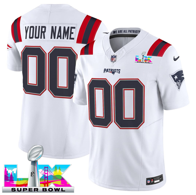 Men's New England Patriots Active Player Custom White 2025 F.U.S.E. Super Bowl LX Patch Vapor Limited Stitched Football Jersey