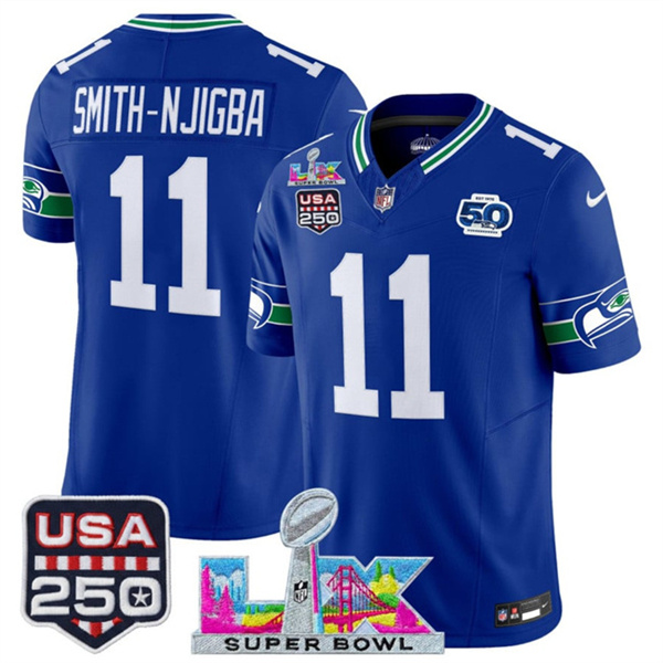 Youth Seattle Seahawks #11 Jaxon Smith-Njigba Royal 2025 F.U.S.E. Super Bowl LX Patch And 50th Season & USA 250' Patch Vapor Throwback Limited Stitched Football Jersey Youth Seattle Seahawks #11 Jaxon Smith-Njigba Royal 2025 F.U.S.E. Super Bowl LX Patch And 50th Season & USA 250' Patch Vapor Throwback Limited Stitched Football Jersey