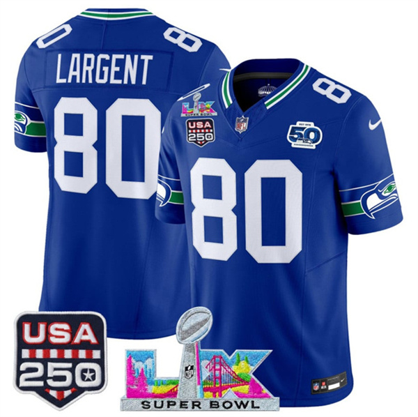 Youth Seattle Seahawks #80 Steve Largent Royal 2025 F.U.S.E. Super Bowl LX Patch And 50th Season & USA 250' Patch Vapor Throwback Limited Stitched Football Jersey Youth Seattle Seahawks #80 Steve Largent Royal 2025 F.U.S.E. Super Bowl LX Patch And 50th Season & USA 250' Patch Vapor Throwback Limited Stitched Football Jersey