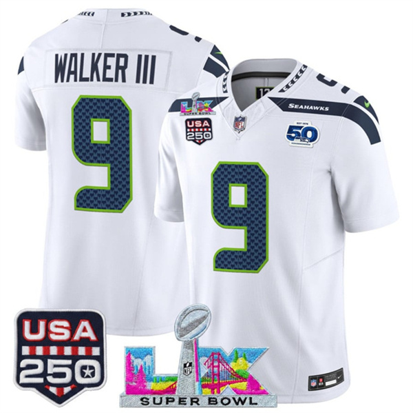 Youth Seattle Seahawks #9 Kenneth Walker III White 2025 F.U.S.E. Super Bowl LX Patch And 50th Season & USA 250' Patch Vapor Limited Stitched Football Jersey Youth Seattle Seahawks #9 Kenneth Walker III White 2025 F.U.S.E. Super Bowl LX Patch And 50th Season & USA 250' Patch Vapor Limited Stitched Football Jersey