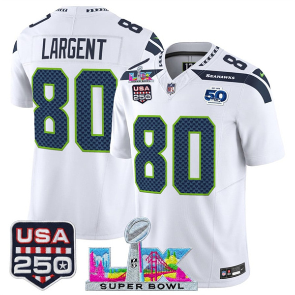 Youth Seattle Seahawks #80 Steve Largent White 2025 F.U.S.E. Super Bowl LX Patch And 50th Season & USA 250' Patch Vapor Limited Stitched Football Jersey Youth Seattle Seahawks #80 Steve Largent White 2025 F.U.S.E. Super Bowl LX Patch And 50th Season & USA 250' Patch Vapor Limited Stitched Football Jersey