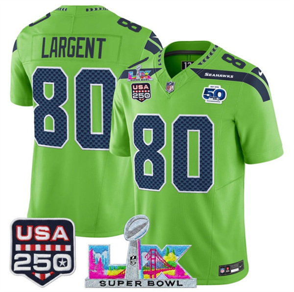 Youth Seattle Seahawks #80 Steve Largent Green 2025 F.U.S.E. Super Bowl LX Patch And 50th Season & USA 250' Patch Vapor Limited Stitched Football Jersey Youth Seattle Seahawks #80 Steve Largent Green 2025 F.U.S.E. Super Bowl LX Patch And 50th Season & USA 250' Patch Vapor Limited Stitched Football Jersey