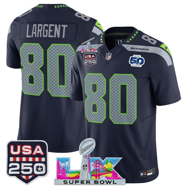 Youth Seattle Seahawks #80 Steve Largent Navy 2025 F.U.S.E. Super Bowl LX Patch And 50th Season & USA 250' Patch Vapor Limited Stitched Football Jersey Youth Seattle Seahawks #80 Steve Largent Navy 2025 F.U.S.E. Super Bowl LX Patch And 50th Season & USA 250' Patch Vapor Limited Stitched Football Jersey