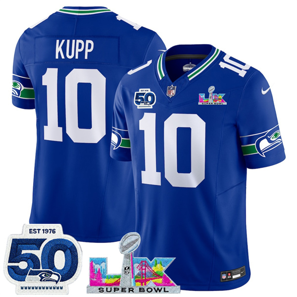 Youth Seattle Seahawks #10 Cooper Kupp Royal 2025 F.U.S.E. Super Bowl LX Patch And 50th Season Patch Vapor Throwback Limited Stitched Football Jersey